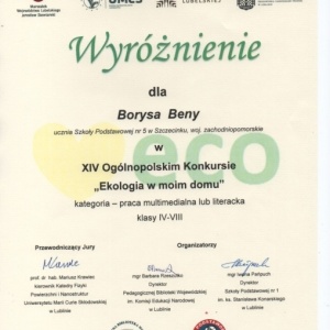 Ekologia w moim domu - wyróżnienie